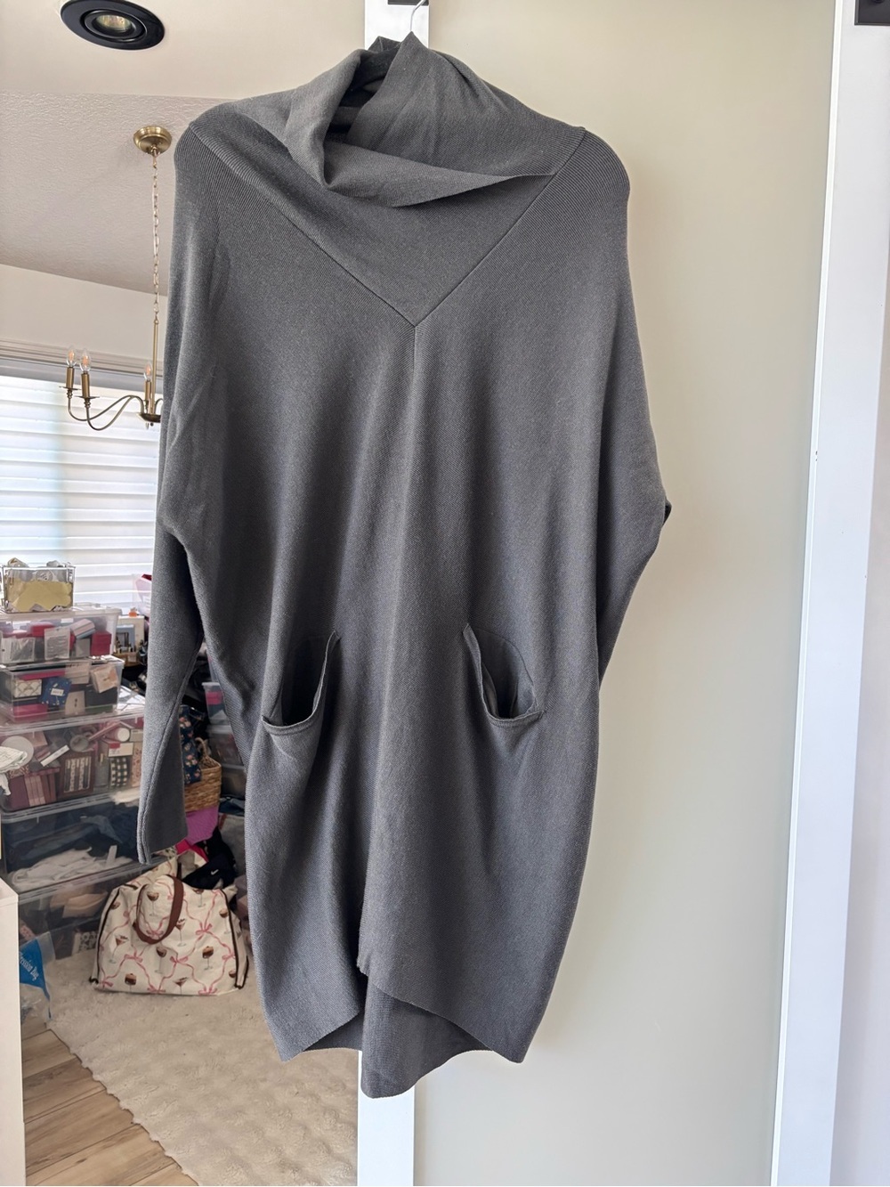 Asymmetrical Cowl Neck Dress with Pockets - Gray - Picture 2 of 4